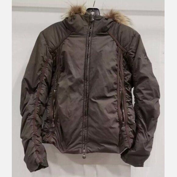 AUTHIER Italy Down Parka Puffer Ski Jacket Fur Trim Gray Green Women US 6 Small - Picture 1 of 12